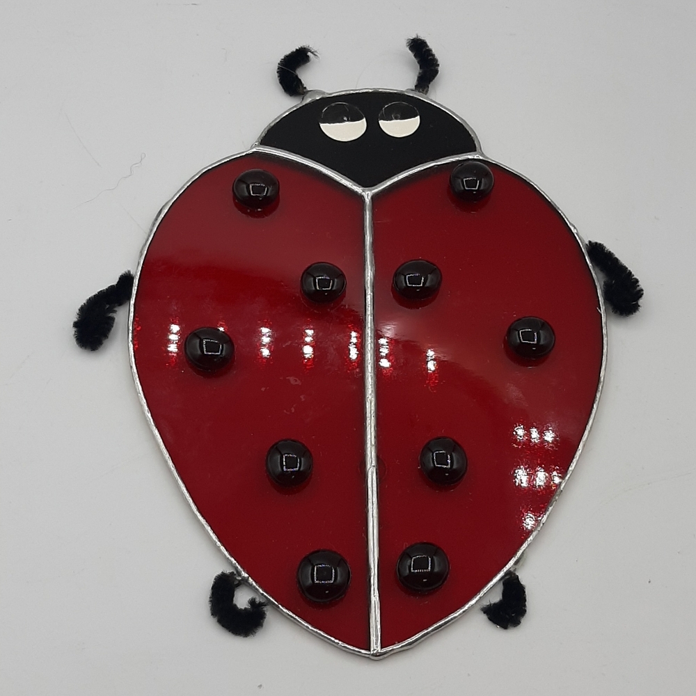 Vintage Stained Glass Lead Ladybug Suncatcher Window Hanging Handmade 8" Tall